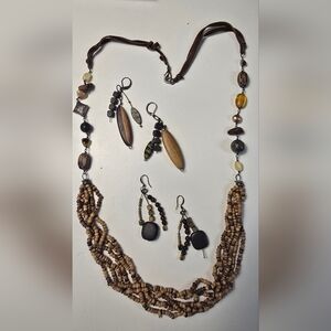 Bohemian Jewelry Set: Brown Gold  Beads, Wood, Metal Necklace and 2 Earring Sets